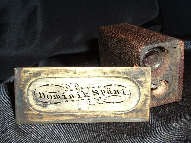 IDENTIFIED STENCIL, INK BOTTLE & WOODEN CASE