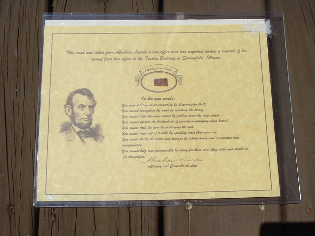 ORIGINAL PIECE OF WOOD FROM A LINCOLN'S LAW OFFICE