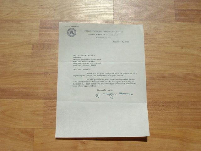 J EDGAR HOOVER AUTOGRAPHED LETTER